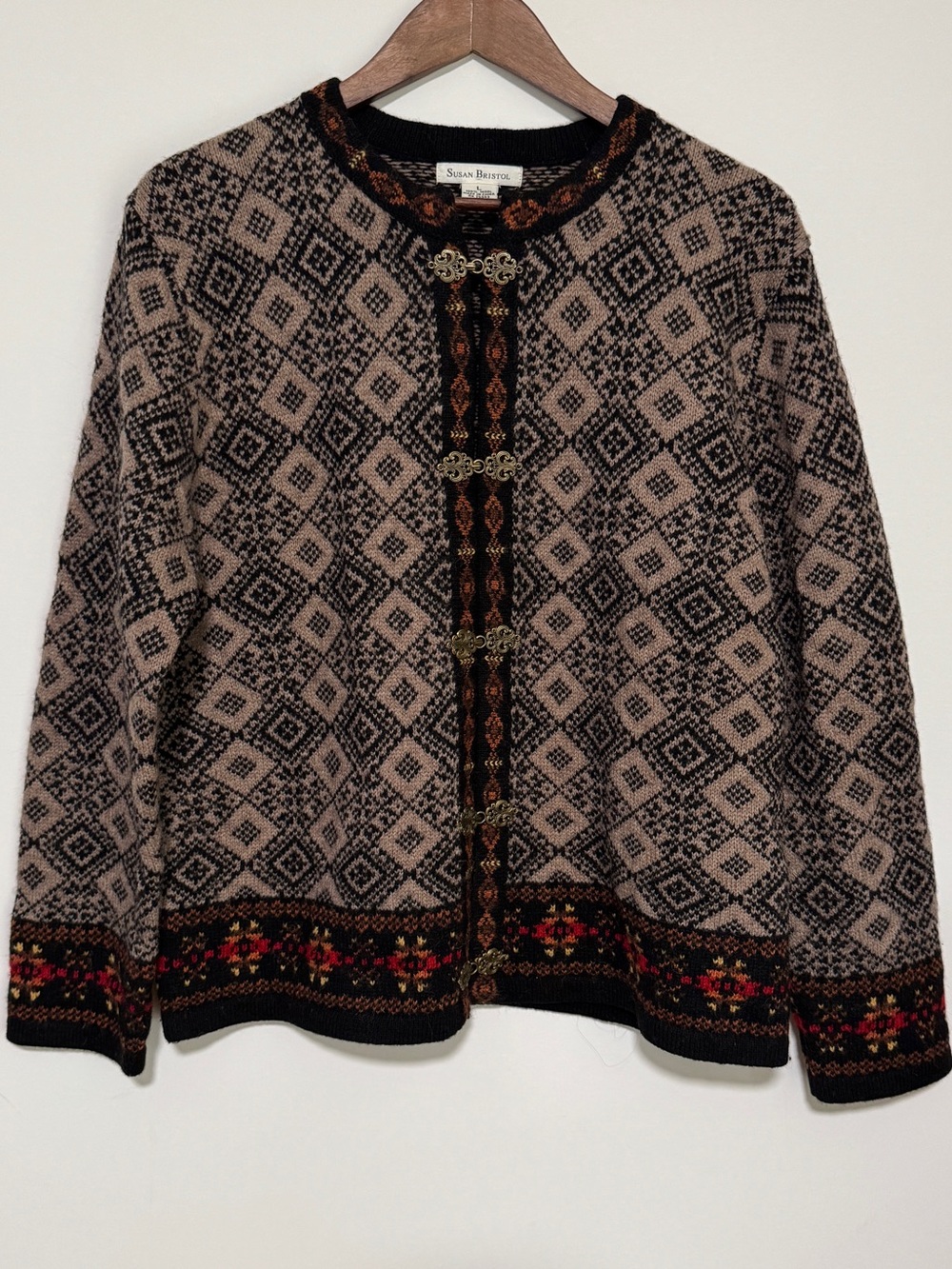 100% Wool Cardigan L Geometric Boho Frog Toggle Folk Susan Bristol